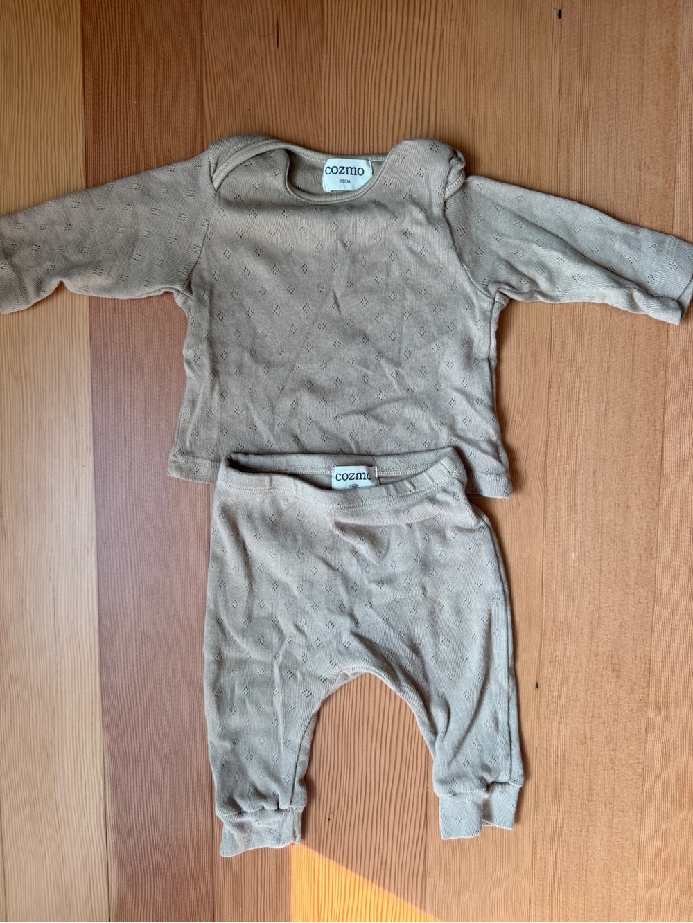 My Little Cozmo Pointelle Knit Matching Set 62cm 3-6M Top Pants Taupe Barcelona